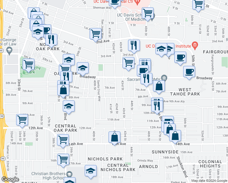 map of restaurants, bars, coffee shops, grocery stores, and more near 3220 42nd Street in Sacramento