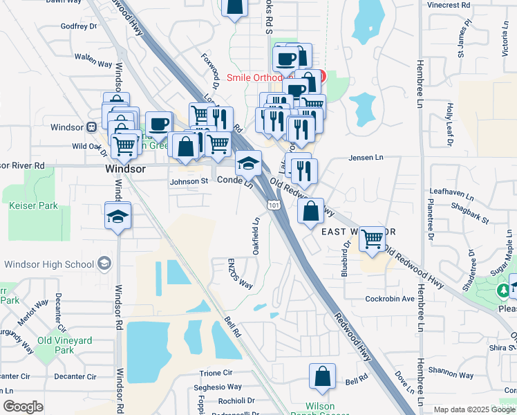 map of restaurants, bars, coffee shops, grocery stores, and more near 8779 Conde Lane in Windsor