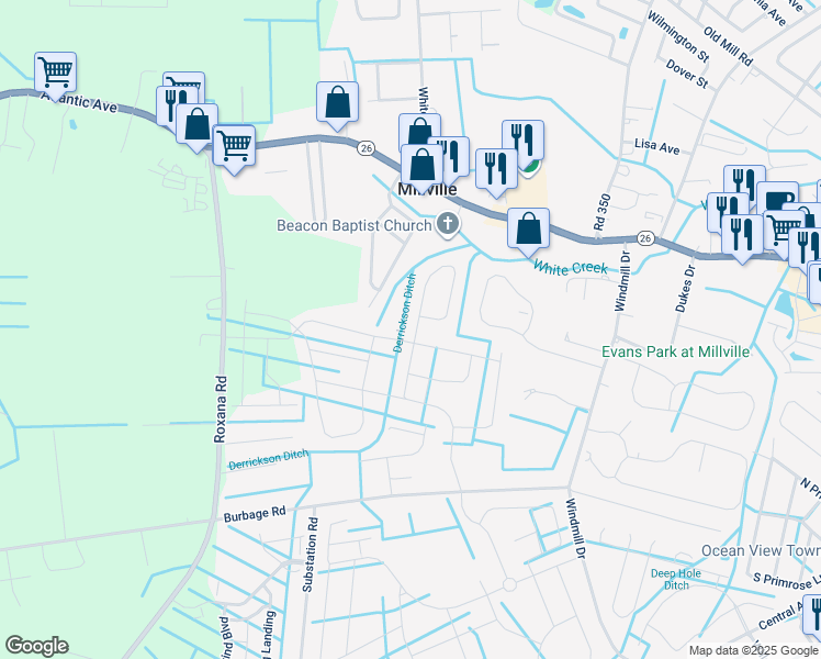 map of restaurants, bars, coffee shops, grocery stores, and more near in Millville