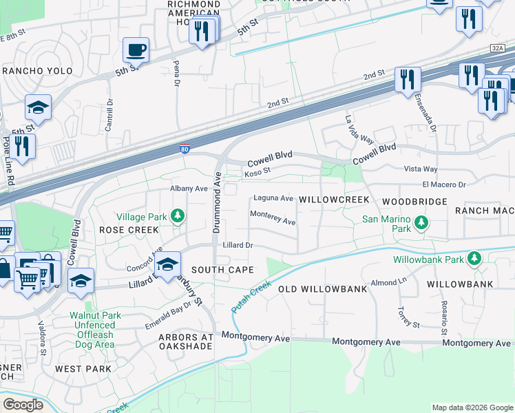 map of restaurants, bars, coffee shops, grocery stores, and more near 3313 Monterey Avenue in Davis