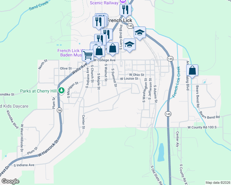 map of restaurants, bars, coffee shops, grocery stores, and more near 8510 West Summit Circle Drive in French Lick