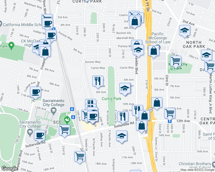 map of restaurants, bars, coffee shops, grocery stores, and more near 7th Ave & W Curtis Dr in Sacramento