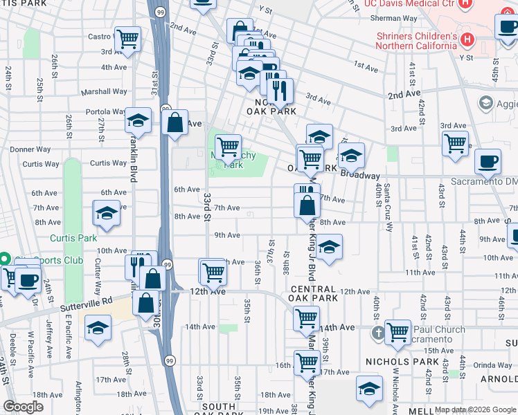 map of restaurants, bars, coffee shops, grocery stores, and more near 3553 7th Avenue in Sacramento