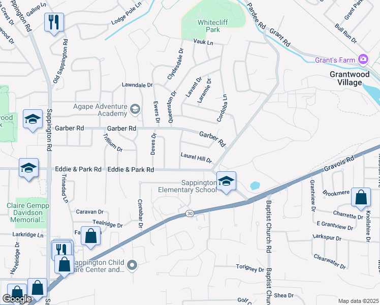 map of restaurants, bars, coffee shops, grocery stores, and more near 9235 Laurel Hill Drive in St. Louis