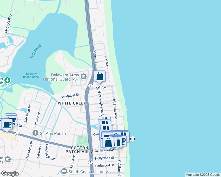 map of restaurants, bars, coffee shops, grocery stores, and more near 106a 5th Street in Bethany Beach