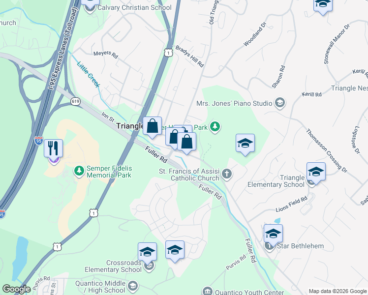 map of restaurants, bars, coffee shops, grocery stores, and more near 18701 Old Triangle Rd in Triangle