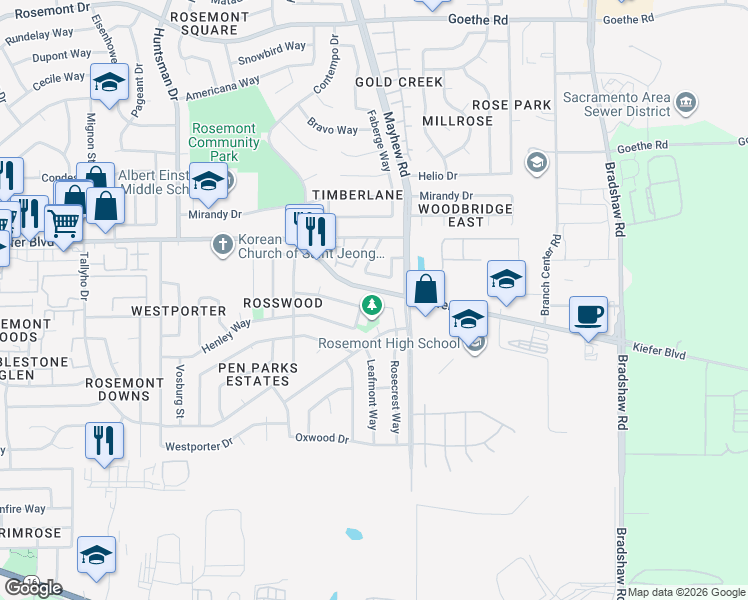 map of restaurants, bars, coffee shops, grocery stores, and more near 4101 Cobblewood Court in Sacramento