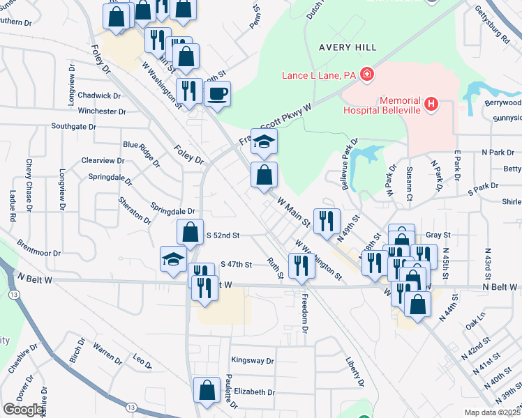 map of restaurants, bars, coffee shops, grocery stores, and more near 30 South 54th Street in Belleville