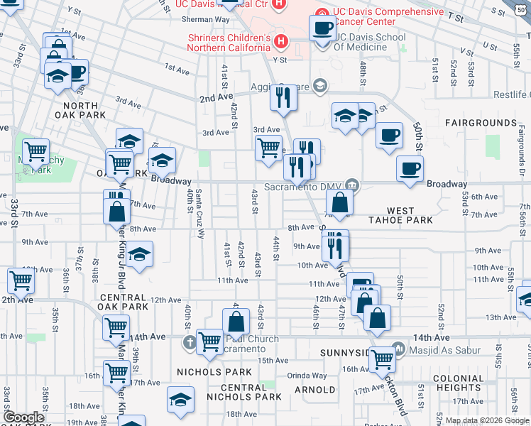 map of restaurants, bars, coffee shops, grocery stores, and more near 3201 43rd Street in Sacramento