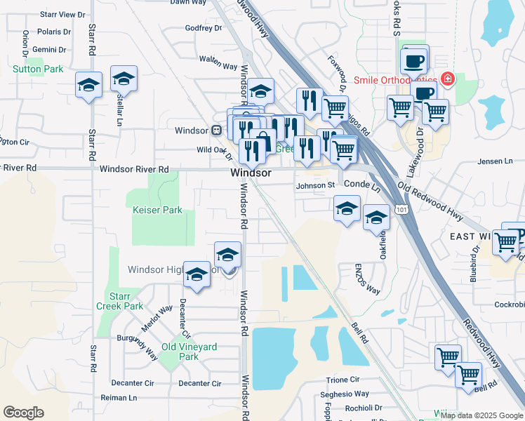 map of restaurants, bars, coffee shops, grocery stores, and more near 8611 Windsor Park Circle in Windsor