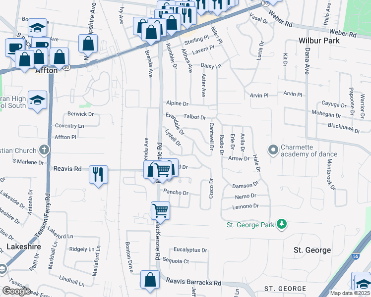 map of restaurants, bars, coffee shops, grocery stores, and more near 9511 Lydell Drive in Affton