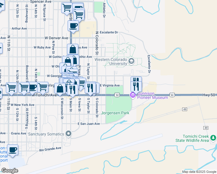 map of restaurants, bars, coffee shops, grocery stores, and more near 501 East Virginia Avenue in Gunnison