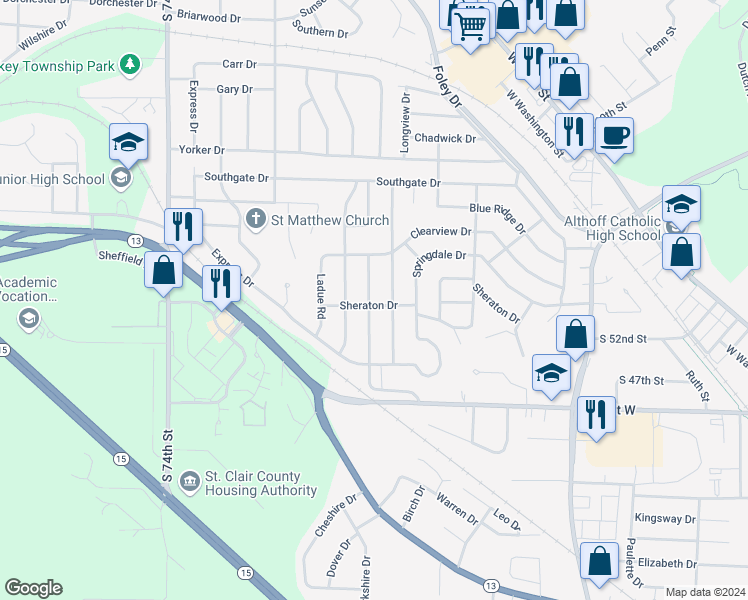 map of restaurants, bars, coffee shops, grocery stores, and more near 200 Brittany Lane in Belleville
