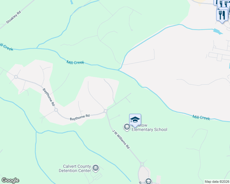 map of restaurants, bars, coffee shops, grocery stores, and more near 455 Bradbury Lane in Prince Frederick