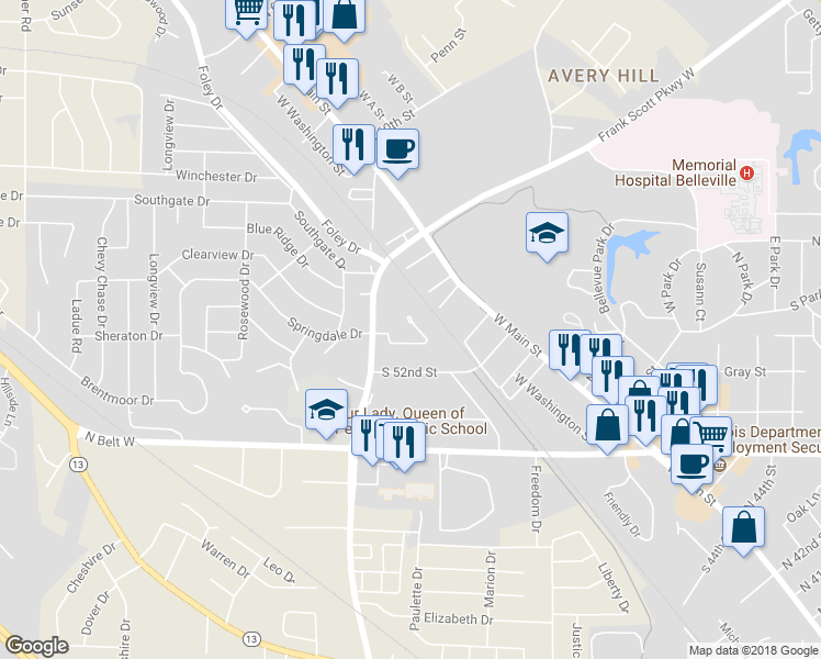 map of restaurants, bars, coffee shops, grocery stores, and more near 80 Gatewood Court in Belleville