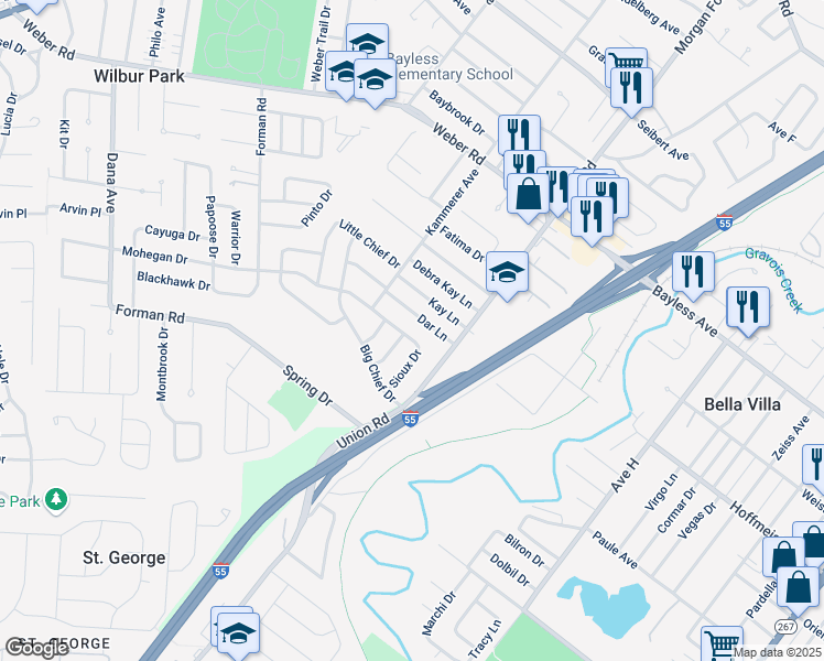 map of restaurants, bars, coffee shops, grocery stores, and more near 4330 Dar Lane in St. Louis