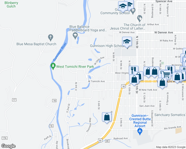 map of restaurants, bars, coffee shops, grocery stores, and more near 111 Wildriver Lane in Gunnison