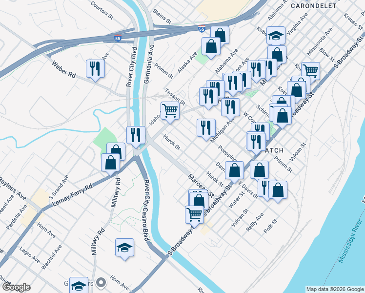 map of restaurants, bars, coffee shops, grocery stores, and more near 500 Davis Street in St. Louis