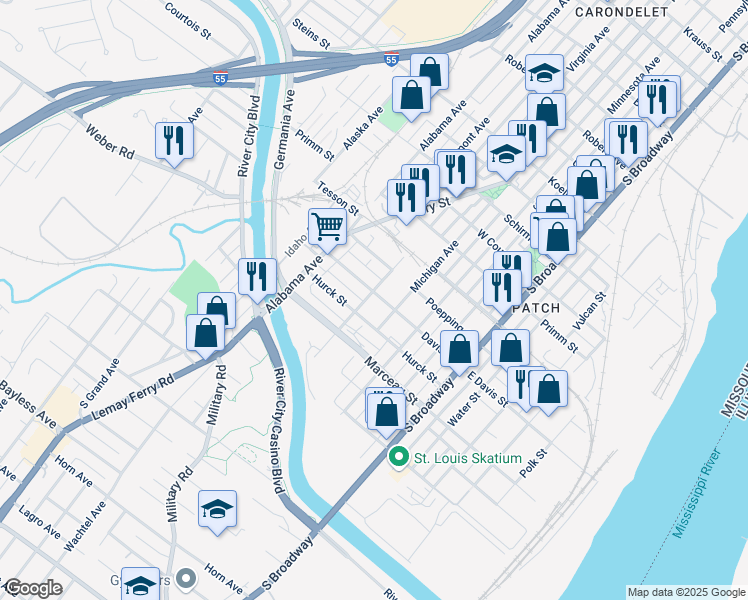 map of restaurants, bars, coffee shops, grocery stores, and more near 422 Davis Street in Saint Louis