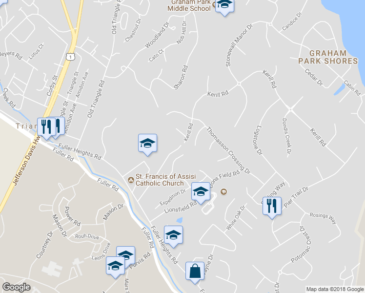 map of restaurants, bars, coffee shops, grocery stores, and more near 18801 Kyle Lane in Triangle