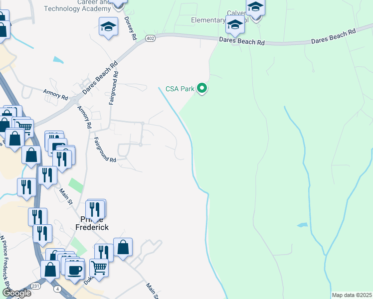map of restaurants, bars, coffee shops, grocery stores, and more near 631 Burr Oak Court in Prince Frederick