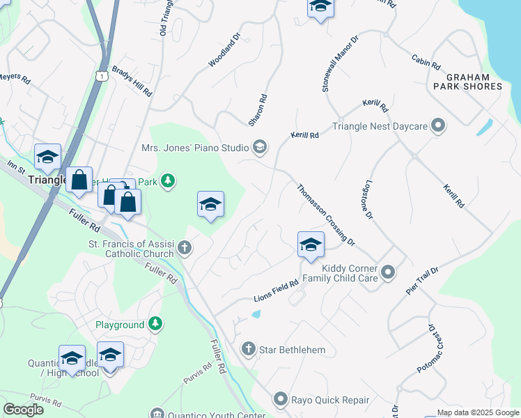 map of restaurants, bars, coffee shops, grocery stores, and more near 18801 Kyle Lane in Triangle