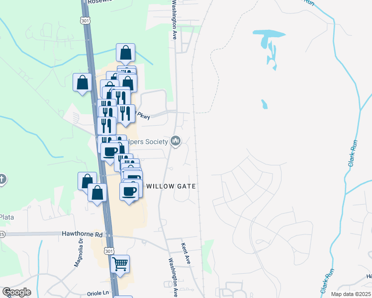 map of restaurants, bars, coffee shops, grocery stores, and more near 1105 Station Drive in La Plata