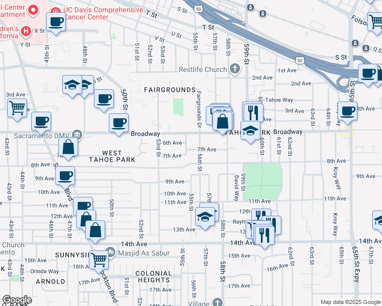 map of restaurants, bars, coffee shops, grocery stores, and more near 5500 7th Avenue in Sacramento