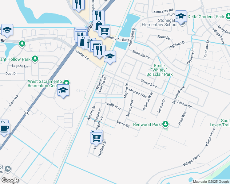 map of restaurants, bars, coffee shops, grocery stores, and more near 2835 Stonegate Drive in West Sacramento