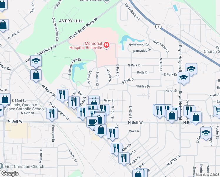 map of restaurants, bars, coffee shops, grocery stores, and more near 4400 South Park Drive in Belleville