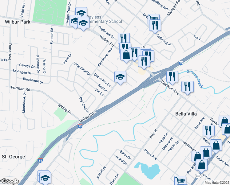 map of restaurants, bars, coffee shops, grocery stores, and more near 4230 Kay Lane in St. Louis