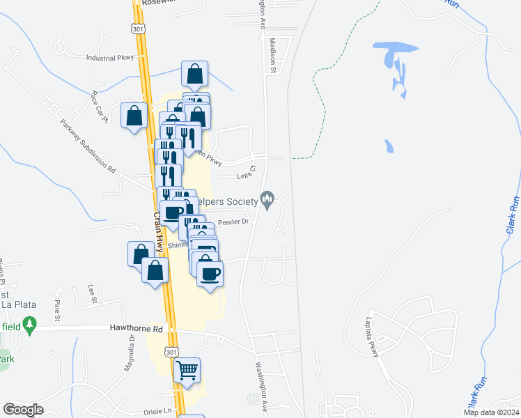 map of restaurants, bars, coffee shops, grocery stores, and more near 1000 Washington Avenue in La Plata