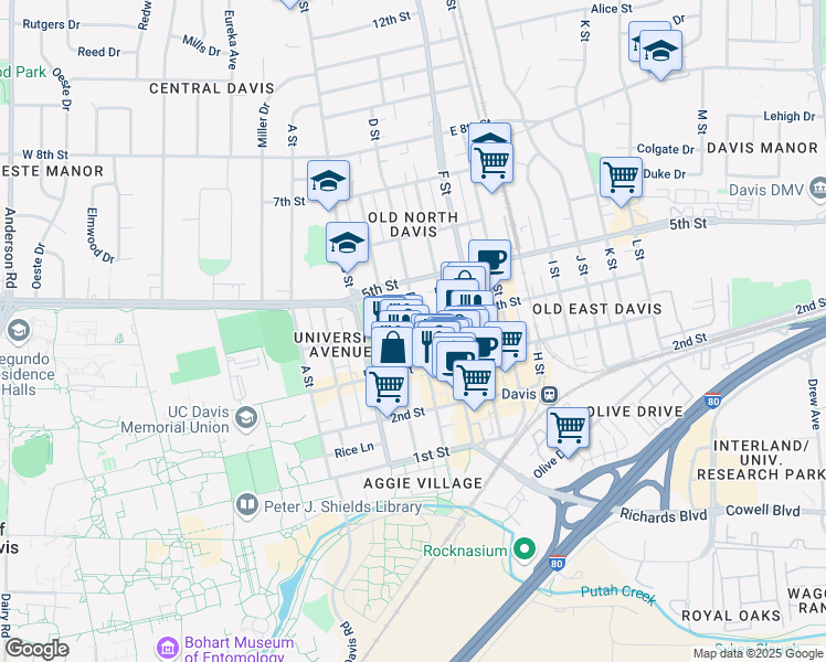 map of restaurants, bars, coffee shops, grocery stores, and more near 337 D Street in Davis