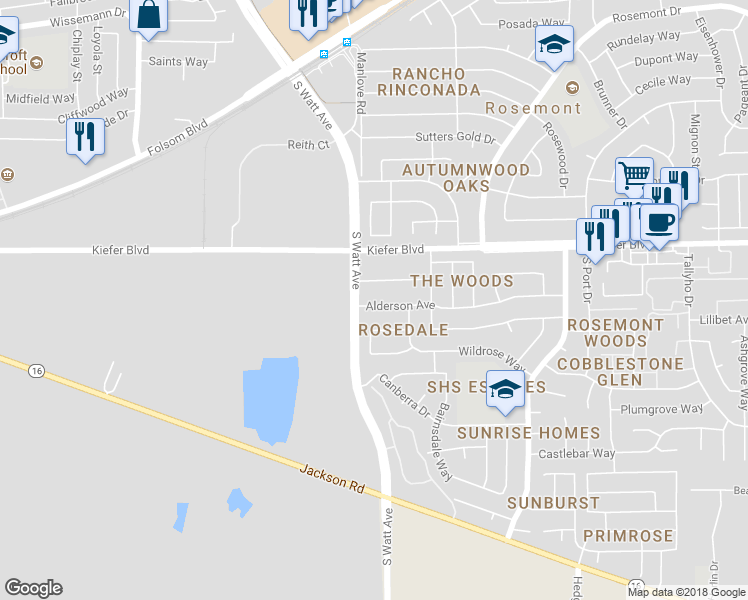 map of restaurants, bars, coffee shops, grocery stores, and more near 8913 Alderson Avenue in Sacramento