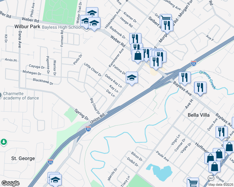map of restaurants, bars, coffee shops, grocery stores, and more near 4300 Kay Lane in St. Louis