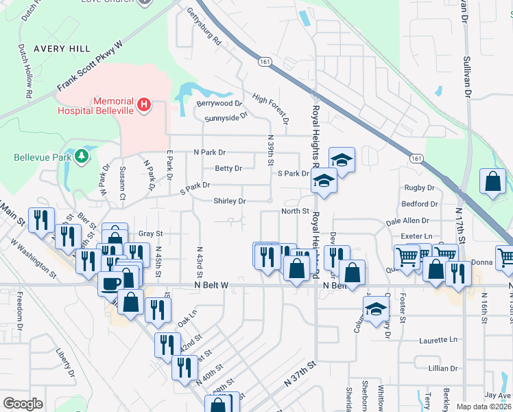 map of restaurants, bars, coffee shops, grocery stores, and more near 3920 Shirley Drive in Belleville