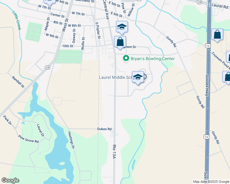 map of restaurants, bars, coffee shops, grocery stores, and more near 1133 South Central Avenue in Laurel
