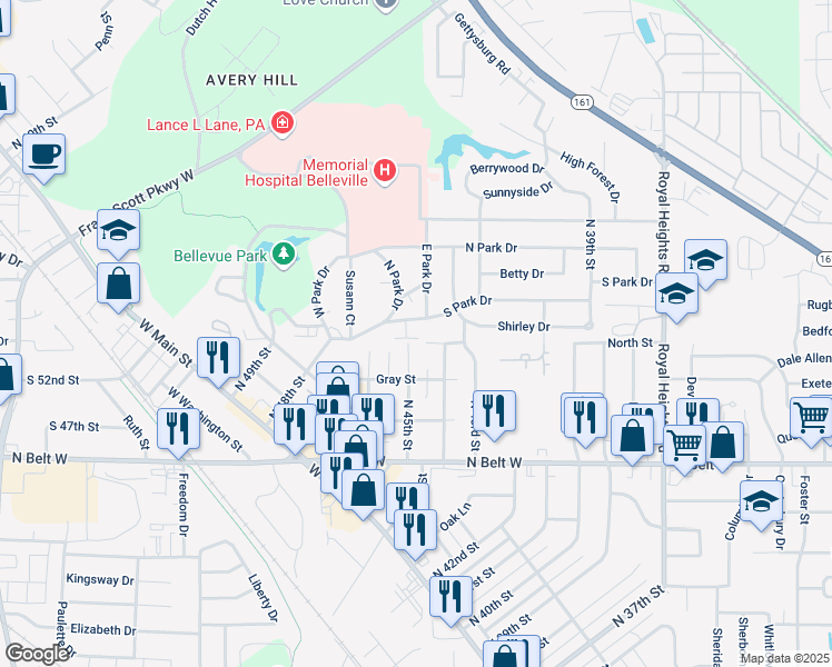 map of restaurants, bars, coffee shops, grocery stores, and more near 4400 South Park Drive in Belleville