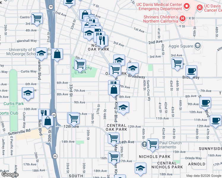 map of restaurants, bars, coffee shops, grocery stores, and more near 3801 7th Avenue in Sacramento
