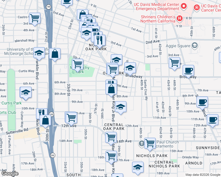 map of restaurants, bars, coffee shops, grocery stores, and more near 3801 7th Avenue in Sacramento