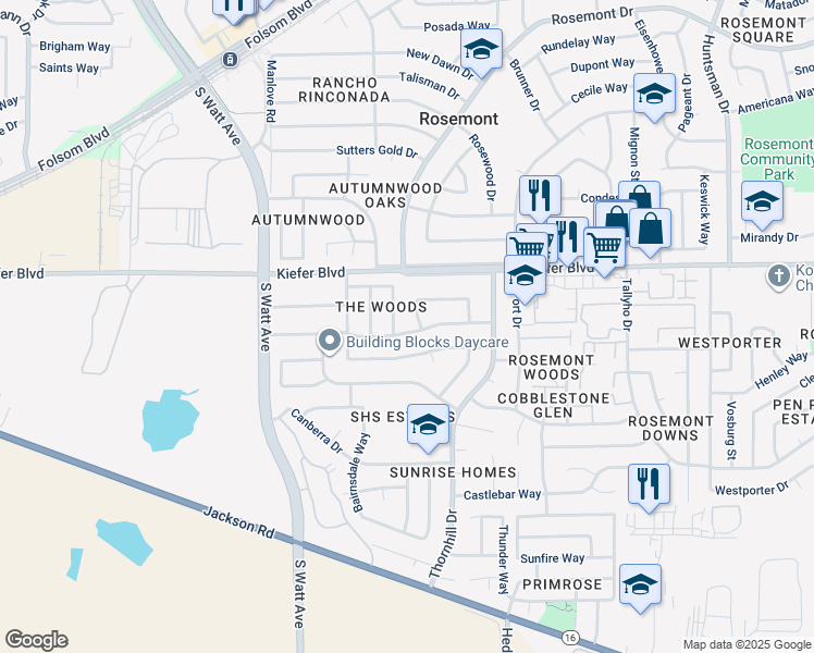 map of restaurants, bars, coffee shops, grocery stores, and more near 9001 Alderson Avenue in Sacramento