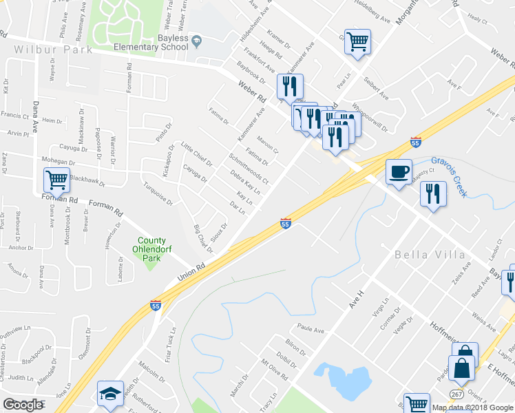map of restaurants, bars, coffee shops, grocery stores, and more near 4222 Debra Kay Lane in St. Louis