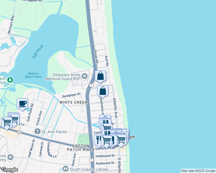 map of restaurants, bars, coffee shops, grocery stores, and more near 106a 5th Street in Bethany Beach