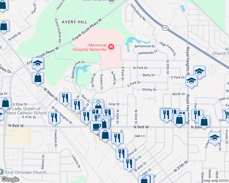 map of restaurants, bars, coffee shops, grocery stores, and more near 4400 South Park Drive in Belleville