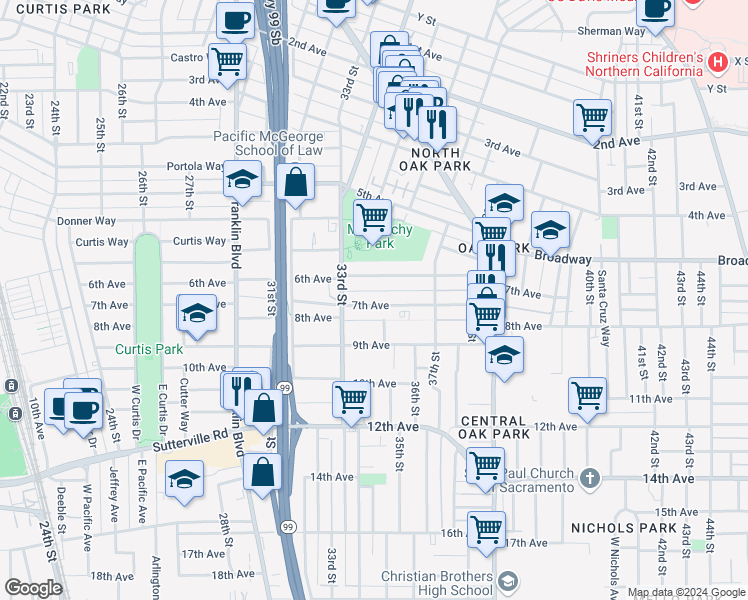 map of restaurants, bars, coffee shops, grocery stores, and more near 3423 7th Avenue in Sacramento