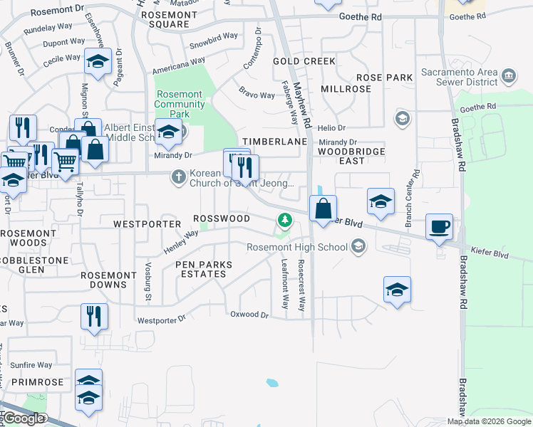 map of restaurants, bars, coffee shops, grocery stores, and more near 9504 Achates Circle in Sacramento
