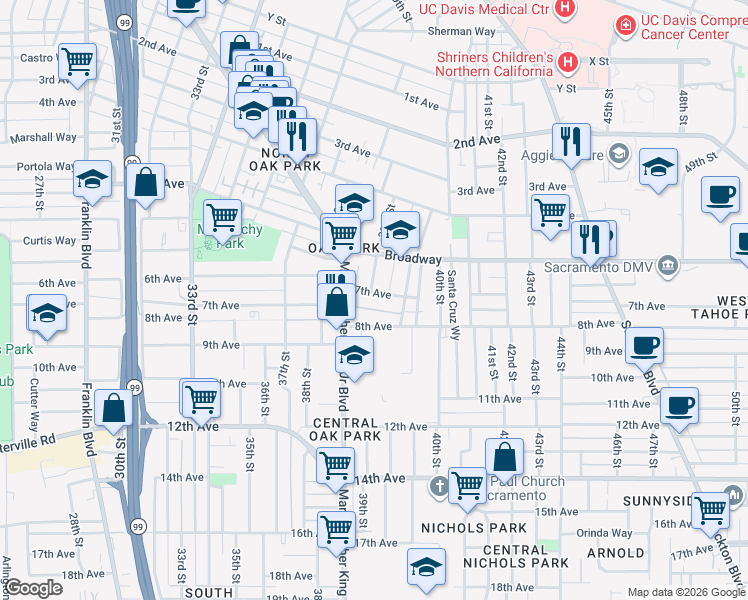 map of restaurants, bars, coffee shops, grocery stores, and more near 3900 7th Avenue in Sacramento