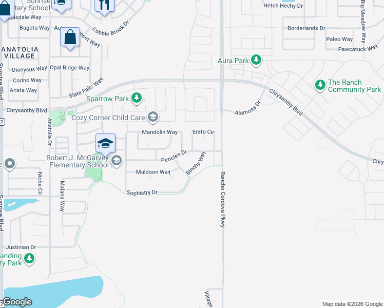 map of restaurants, bars, coffee shops, grocery stores, and more near 4355 Maeve Court in Rancho Cordova