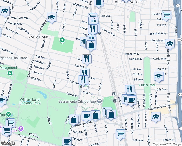 map of restaurants, bars, coffee shops, grocery stores, and more near 3225 Freeport Boulevard in Sacramento