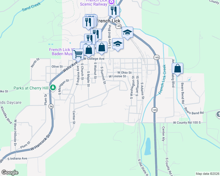 map of restaurants, bars, coffee shops, grocery stores, and more near 8510 West Summit Circle Drive in French Lick